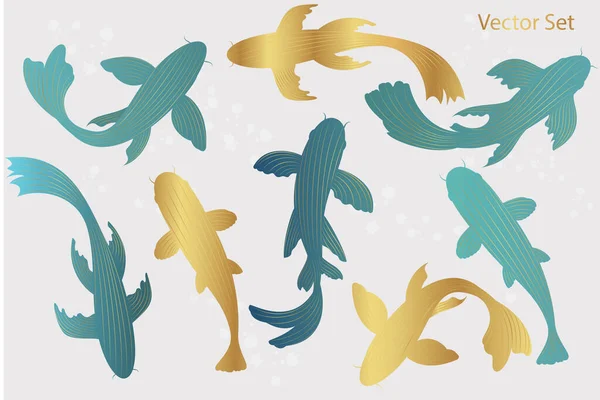 Set Koi Carps Line Art Style Fish Silhouette — Vetor de Stock