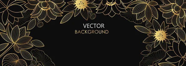 Vektor Poster Mit Goldenen Blumen Und Lotusblättern Auf Schwarzem Hintergrund — Stockvektor