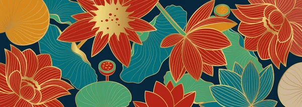 Vector Banner Golden Lotus Flowers Blue Background Chinese Background Ilustrações De Stock Royalty-Free