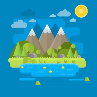  Vector poster with a natural landscape. View of the mountains. Flat design.