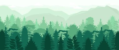  Vector poster with a view of the forest and mountains. Natural landscape. Flat design