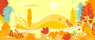  Vector poster with an autumn landscape. View of nature with autumn leaves and trees. Flat design.