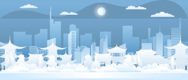  Vector poster with a view of the architecture of China. City landscape. Asian city.