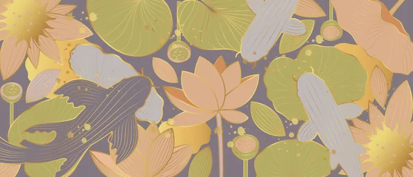 Vektor Banner Mit Goldenen Lotusblumen Auf Blauem Hintergrund Chinesischer Hintergrund — Stockvektor