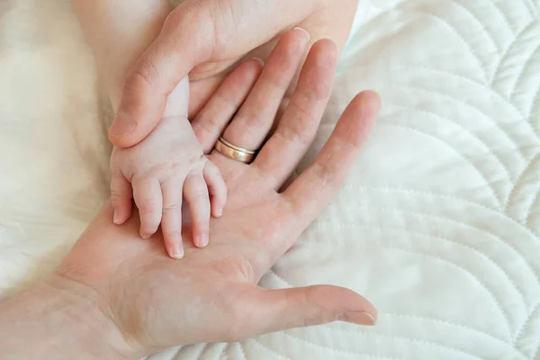 O pai e o bebé fecham as mãos. Conceito de amor e família. — Fotografia de Stock