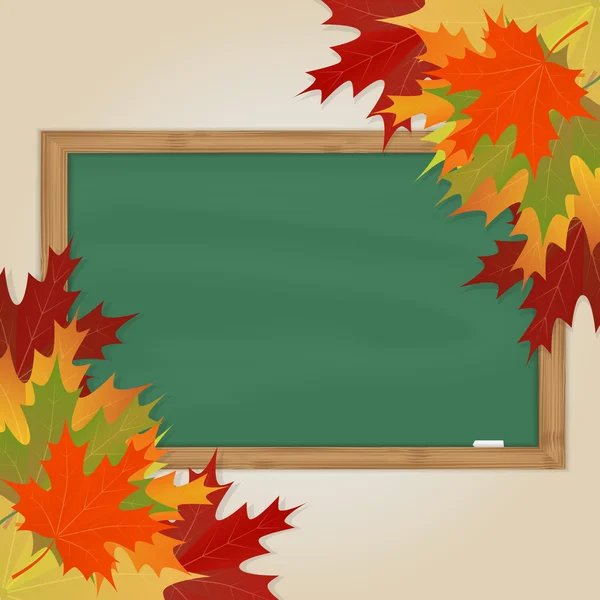 Esdoorn bladeren en groene schoolbord — Stockvector