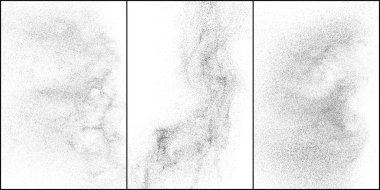 Bir dizi sıkıntılı siyah doku. Beyaz arka planda koyu kumlu bir doku. Toz tabakası desenli. Tahıl gürültüsü partikülleri. Paslanmış beyaz efekt. Yarı ton vektör illüstrasyonu, Eps 10.