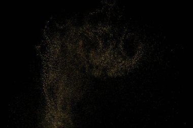 Siyah Arkaplan 'da izole edilmiş altın parıltılı doku. Altın yıldız tozu. Amber Parçacık Rengi. Parıltı Yağmuru. Vektör İllüstrasyonu, Eps 10.