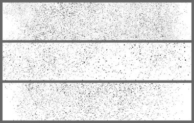 Beyazda izole edilmiş bir dizi siyah taneli doku. Panoramik arka plan. Toz tabakası. Karanlık Gürültü Granülleri. Alan için Geniş Yatay Uzun Sancak. Vektör İllüstrasyonu, EPS 10.