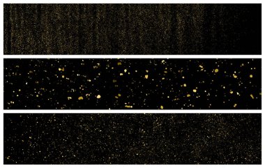 Set Of Gold Glitter Texture Isolated On Black. Amber Particles Color. Celebratory Panoramic Background. Golden Explosion Of Confetti. Long Horizontal Banner. Vector Illustration, Eps 10.