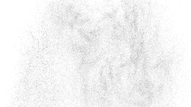 Sıkıntılı siyah doku. Beyaz arka planda koyu kumlu bir doku. Toz tabakası desenli. Tahıl gürültüsü partikülleri. Paslanmış beyaz efekt. Grunge tasarım elementleri. Vektör illüstrasyonu, EPS 10.