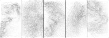 Bir dizi sıkıntılı siyah doku. Beyaz arka planda koyu kumlu bir doku. Toz tabakası desenli. Tahıl gürültüsü partikülleri. Paslanmış beyaz efekt. Yarı ton vektör illüstrasyonu, Eps 10.