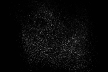 Sıkıntılı beyaz kumlu doku. Toz tabakası desenli. Tahıl gürültüsü partikülleri. Kar efektleri paketi. Paslı siyah arka plan. Vektör illüstrasyonu, EPS 10.  