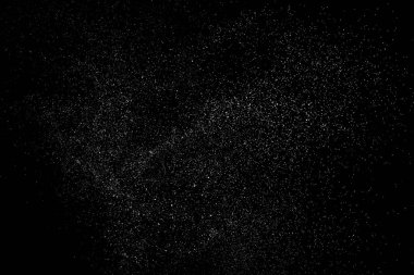 Sıkıntılı beyaz kumlu doku. Toz tabakası desenli. Tahıl gürültüsü partikülleri. Kar efektleri paketi. Paslı siyah arka plan. Vektör illüstrasyonu, EPS 10.  