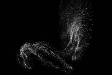 Sıkıntılı beyaz kumlu doku. Toz tabakası desenli. Tahıl gürültüsü partikülleri. Kar efektleri paketi. Paslı siyah arka plan. Vektör illüstrasyonu, EPS 10.  