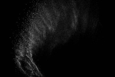 Sıkıntılı beyaz kumlu doku. Toz tabakası desenli. Tahıl gürültüsü partikülleri. Kar efektleri paketi. Paslı siyah arka plan. Vektör illüstrasyonu, EPS 10.  