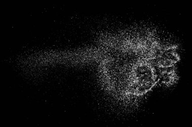 Sıkıntılı beyaz kumlu doku. Toz tabakası desenli. Tahıl gürültüsü partikülleri. Kar etkisi. Paslı siyah arka plan. Vektör illüstrasyonu, EPS 10.   