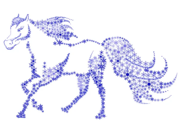 Siluetas de caballos en los copos de nieve — Vector de stock