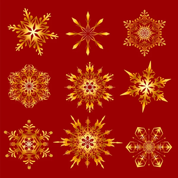 Flocos de neve dourados sobre um fundo vermelho — Vetor de Stock