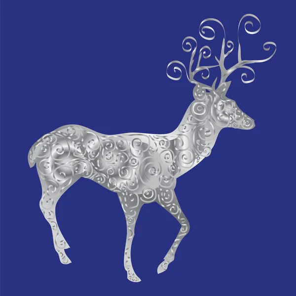Silver silhouette of a deer on a blue background.