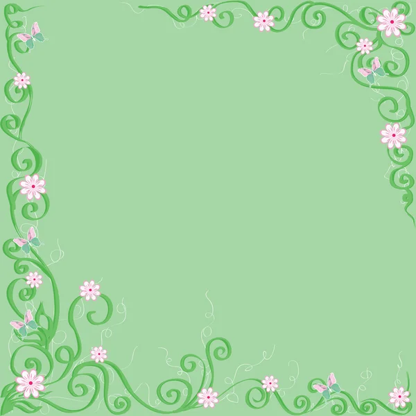 Grüner Hintergrund mit Blumen und Schmetterlingen. — Stockvektor
