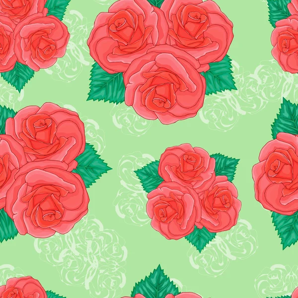 Sömlös bakgrund. rosa rosor på en grön bakgrund. — Stock vektor