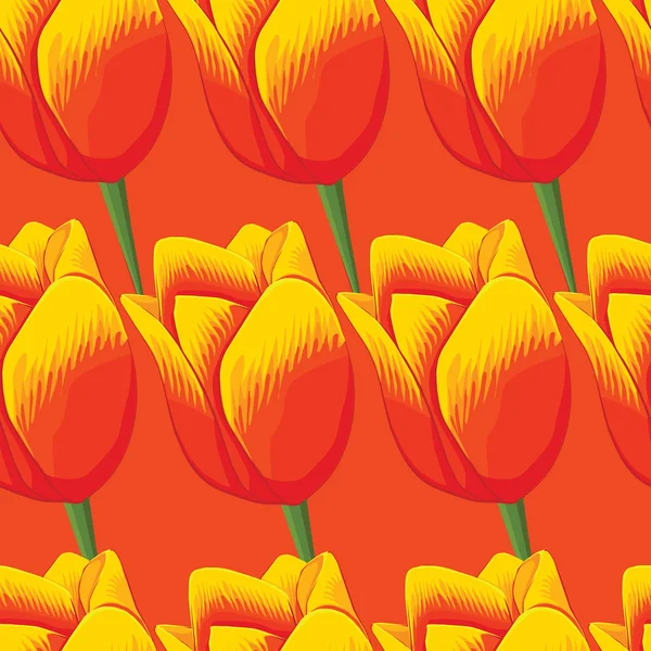 Fundo laranja sem costura com tulipas vermelhas . — Vetor de Stock