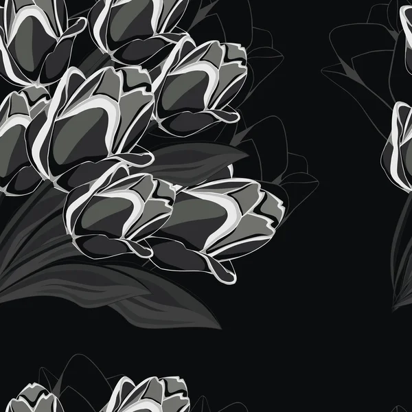 Fondo negro sin costuras con tulipanes negros . — Vector de stock