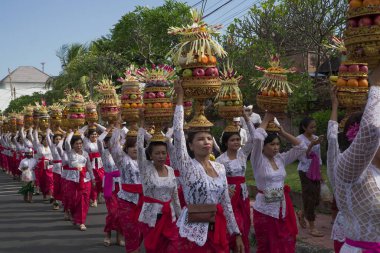DENPASAR, 19 Haziran 2022: Denpasar Bali 'de geleneksel bir köyde geleneksel Bali kıyafetleri giyen kadınlar tarafından yapılan müdahaleye katıldı. Sıraya girdiler ve kafasında bir sürü meyve taşıdılar.