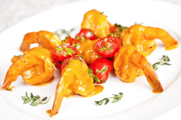 Tiger prawns with bisque sauce — Stock Photo, Image