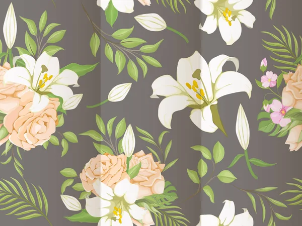 美しいシームレスなパターンユリの花と葉のテンプレート — ストックベクタ