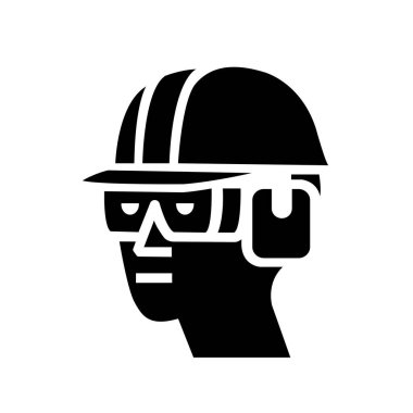Hard Hat, Chemical Goggles ve Ear Muffs Black Icon, Vector Illustration, Tecrit On White Background Label. EPS10 
