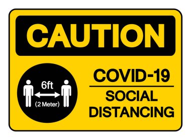 Dikkat Covid-19 Sosyal Mesafe 1.80 boyunda, Vektör İllüzyonu, Beyaz Arkaplan Etiketinde İzole Edilmiş. EPS10 