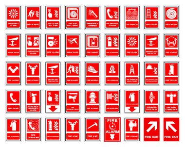 Yangın Güvenlik Koleksiyonu Sembol İşareti, Vektör İllüstrasyonu, Beyaz Arkaplan Etiketi .EPS 10 'da İzole Edildi 