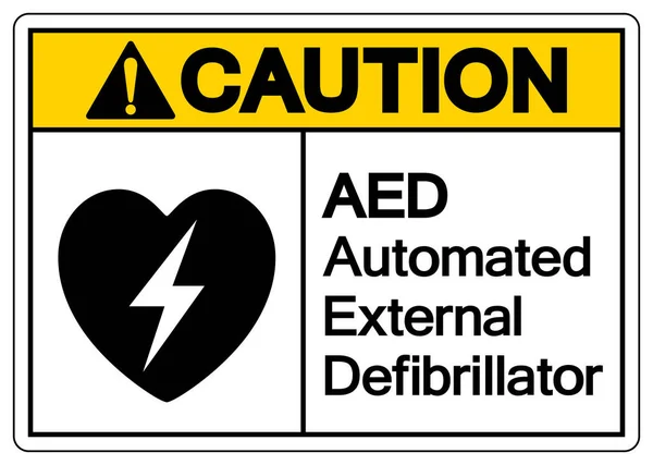 小心Aed自动外纤颤器符号符号 矢量图解 白色背景标签上的分离 Eps10 — 图库矢量图片