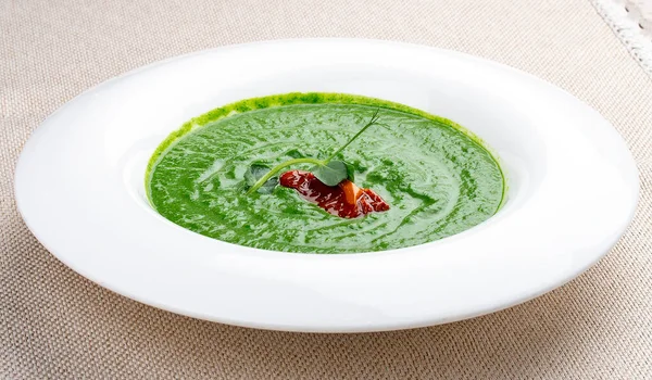 Broccoli Cream Soup Green Peas White Plate — Stock Photo, Image