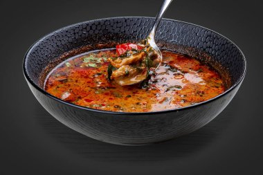 Tom Yam, baharatlı Tayland çorbası ve tavuk..