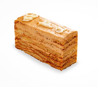 Ballı ve ekşi kremalı kek. Parça. Beyaz bir arka planda. İzole edilmiş