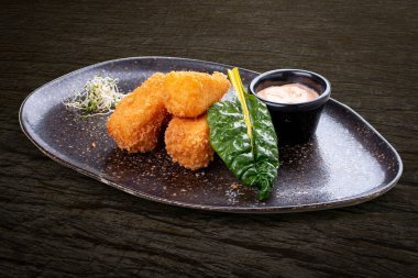 Baharatlı soslu gevrek ekmeğin içinde kızarmış mozzarella peyniri. Karanlık bir arka planda, izole. 