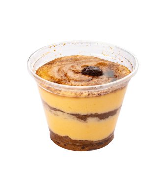 Tiramisu cake in a plastic cup. Dessert to go. On a white background, isolated. 