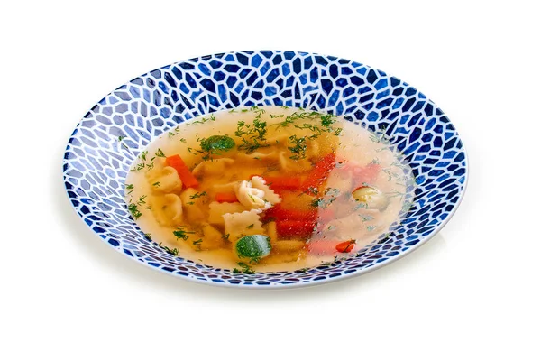 Sup Consomme Dengan Vermicelli Dan Sayuran Pada Latar Belakang Putih — Stok Foto