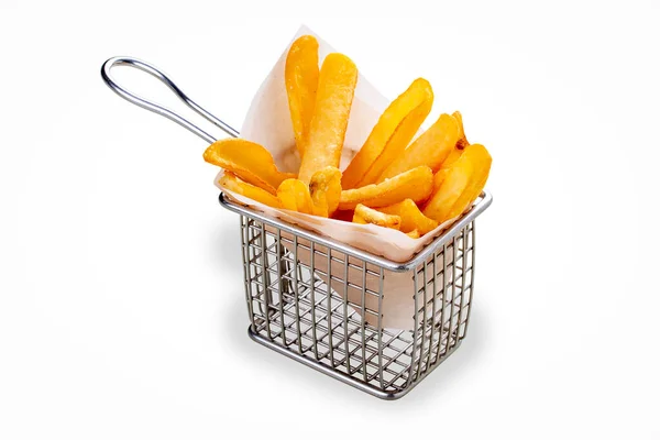 French Fries Metal Wire Basket Isolated White Background — Stok fotoğraf