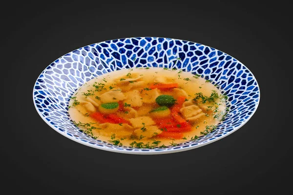 Soup Consomme Vermicelli Vegetables Black Background Isolated — Foto de Stock