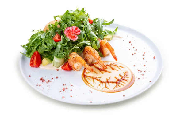 Salad Shrimp Arugula Crispy Egg Oyster Sauce White Background Isolated — Photo