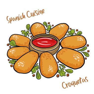 Beyaz arka planda ketçaplı geleneksel kızarmış İspanyol kroketleri (kroketler)