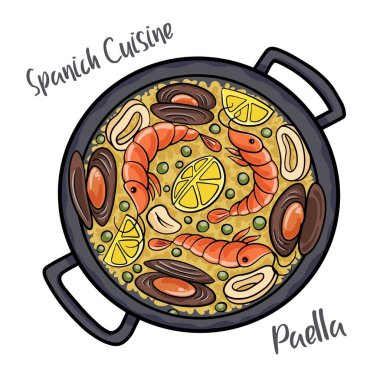 Paella. Geleneksel İspanyol yemekleri, kızarmış tavada deniz ürünleri, midye, karides, langoustine ve mürekkep balığı..