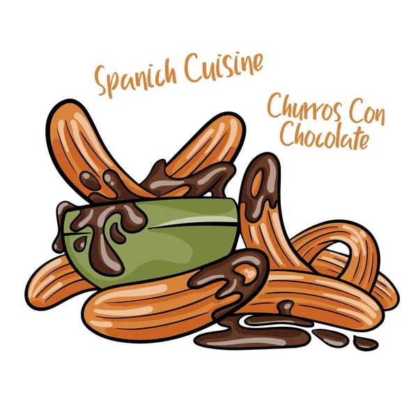 Churros Con Chocolate Snack Dulce Típico Español — Vector de stock