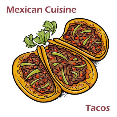 Beyaz arka planda izole Meksika tacoları, domates, avokado, biber ve soğan..