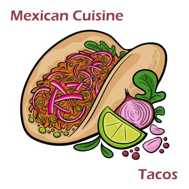 Beyaz arka planda izole Meksika tacoları, domates, avokado, biber ve soğan..