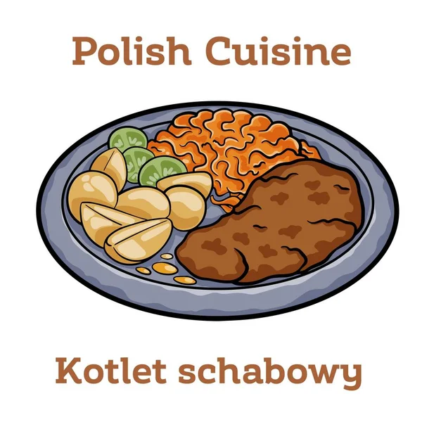 Kotlet Schabowy Pork Cutlet Coated Breadcrumbs Potatoes Cabbage — Stockvektor